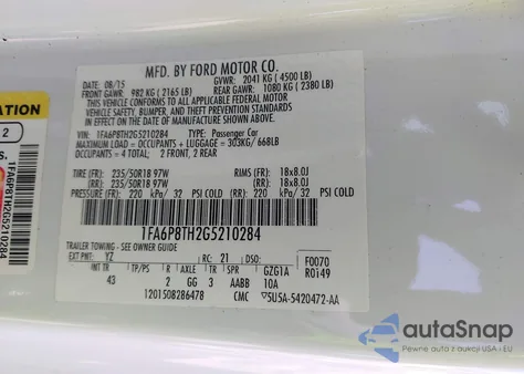 2016 Ford Mustang Ecoboost z USA, uszkodzony, nr VIN 1FA6P8TH2G5210284